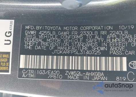 2020 Toyota Prius Prime Xle from USA, damaged, VIN JTDKARFP5L3140725
